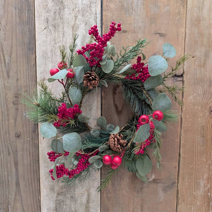 Red Berry /Eucalyptus/Pine Candle Ring 6.5" for wholesale by A.T. Imports