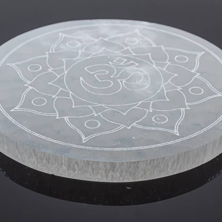 Quasar Gems USA - Wholesale Crystal Charging Plate - Selenite Engraved Round Om Lotus Charging Plate 14cm2