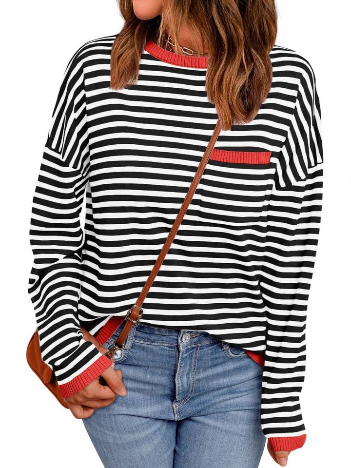 HIDDENBRAND - Wholesale Knit Sweater - Women's - Fashion Color-Block Striped Long-Sleeve Top2