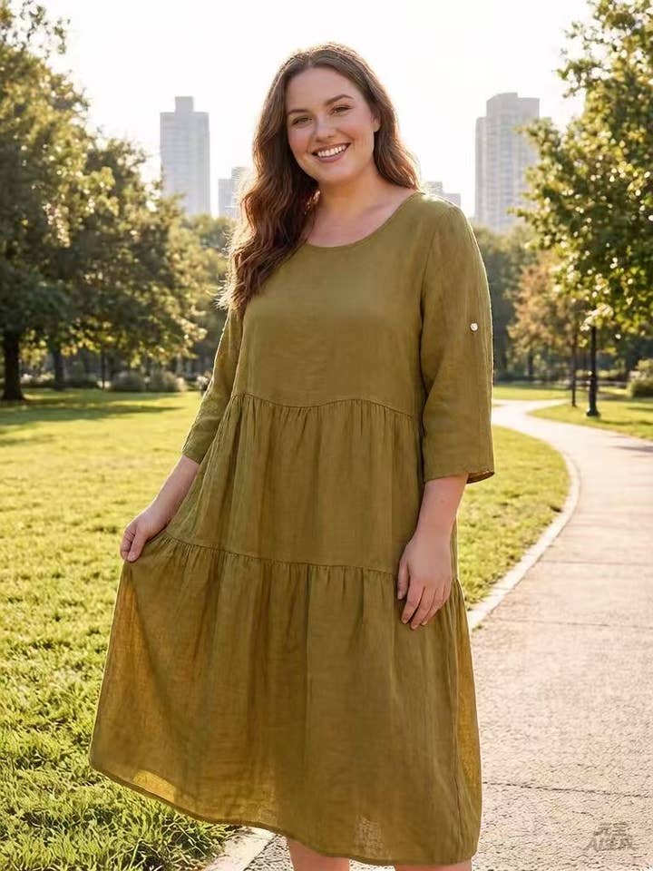 Leinenkleid in Übergröße mit rundem Ausschnitt für den Großhandel von Lea & Luc - Grandes Tailles