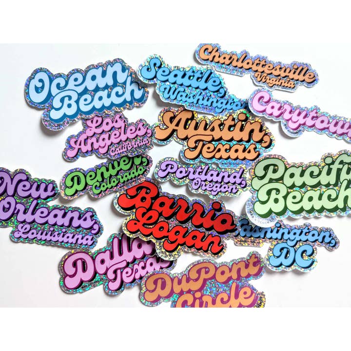City, State & Neighborhood Glitter Stickers for wholesale by Mad Kitchen Co.
