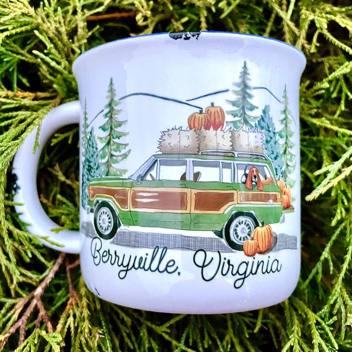 Sweetgum Studio - Wholesale Coffee Mug - Stoneware Distressed Mug with Blue Trim 14 oz.11