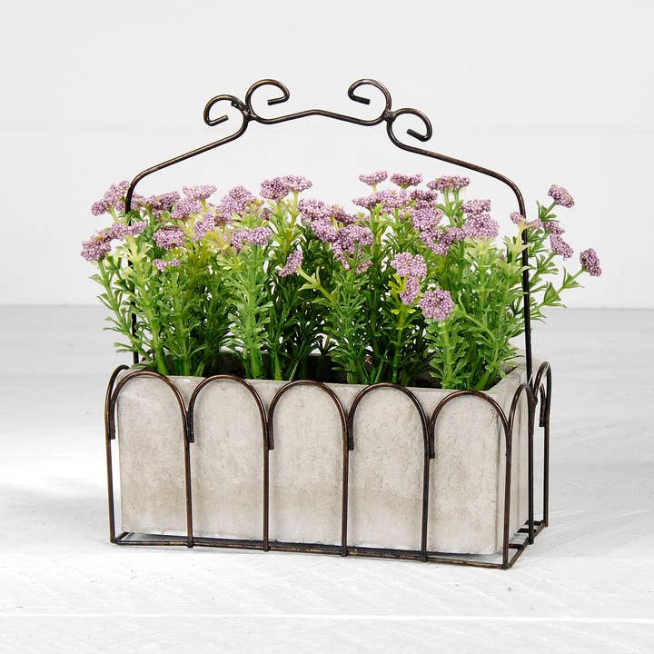 Small Purple Flowers In Scalloped Basket for wholesale by Blossom Bucket & Crossroads Home