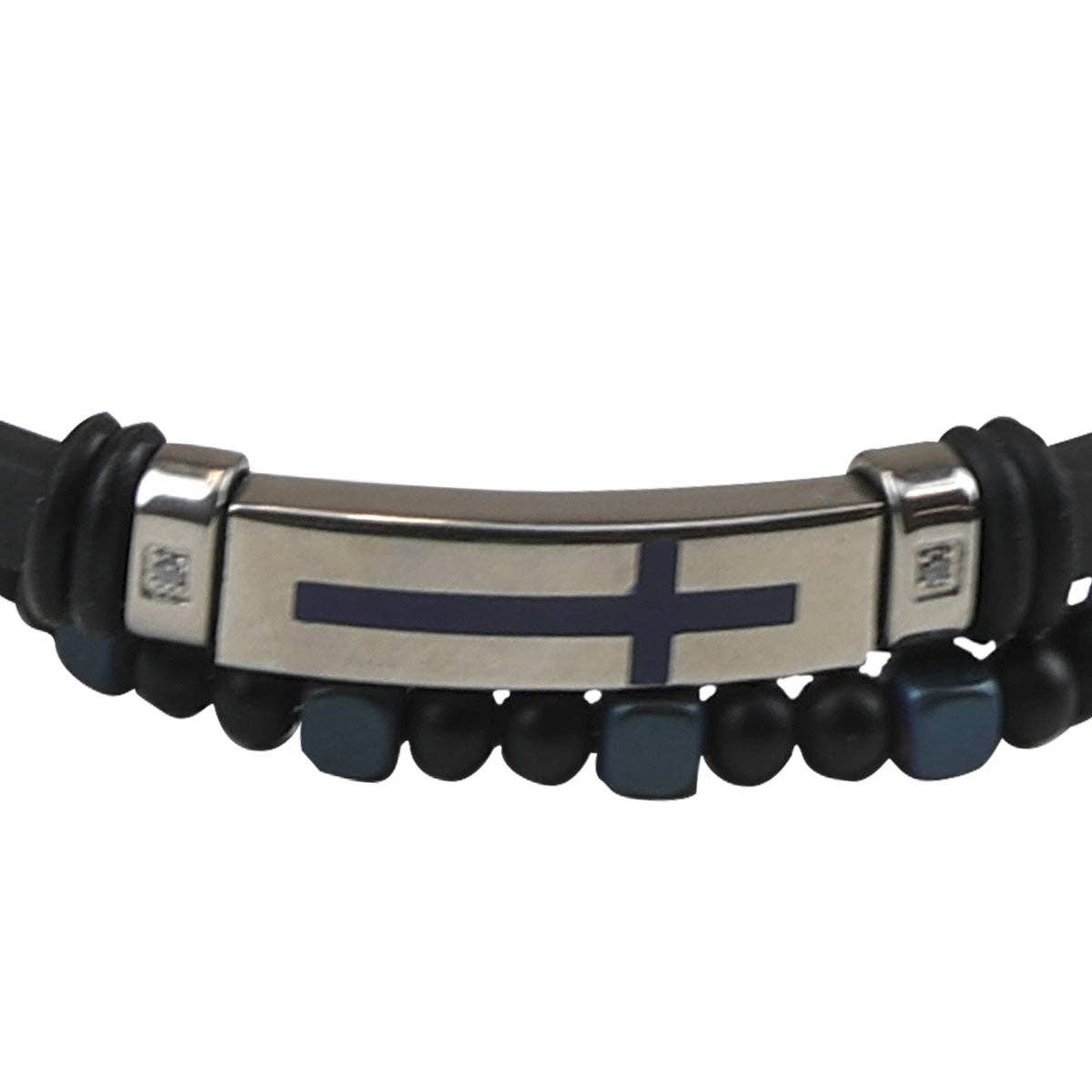 Black Blue Silver Kerusso Mens Bracelet Cross Bead Leather for wholesale on Faire1
