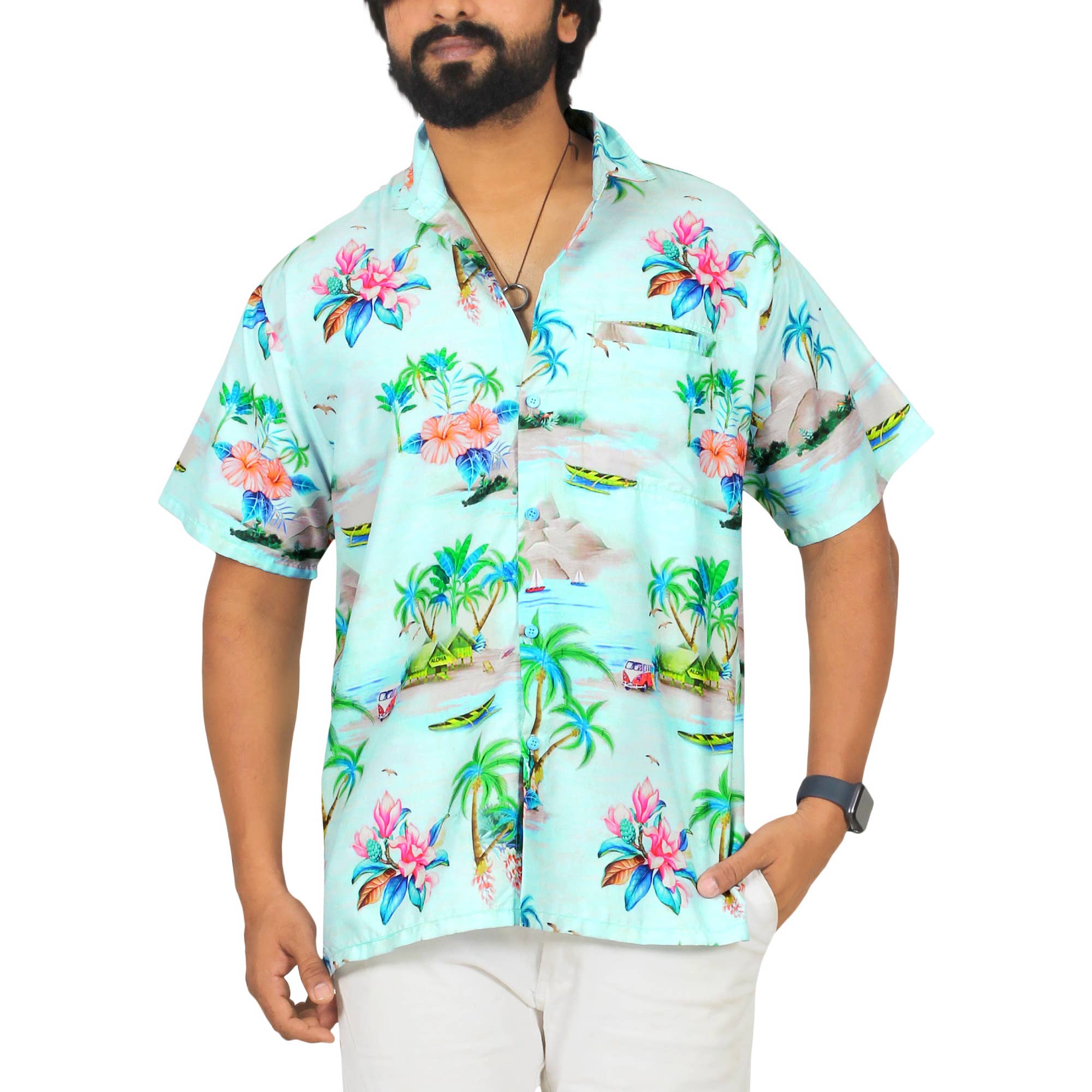Happy Bay Men's Island Palm View Blue Shirt P00060 for wholesale on Faire0
