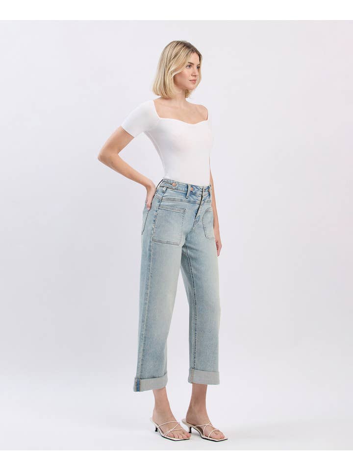 COMMISIONER SUPER HIGH RISE TAB WAISTBAND CUFF SLIM WIDE JEANS F6000 for wholesale on Faire