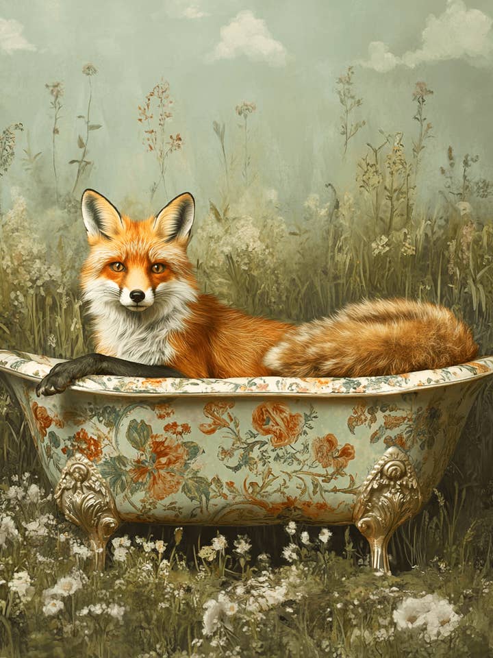 Fox in Bathtub - Bathroom Wall Art Prints – 8″x10″ Artwork for 11″x14″ Frame for wholesale by Mowbi