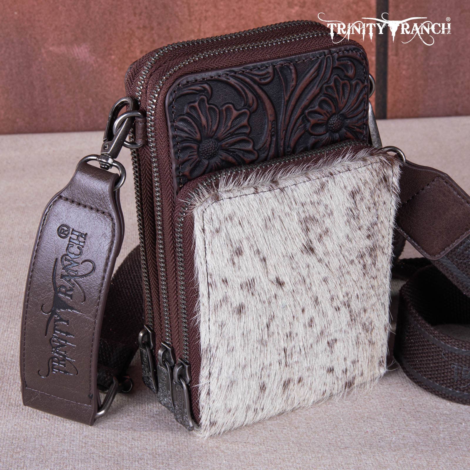 REMOVED BRAND - Wholesale Crossbody Bag - Women's - TR159 -183  Trinity Ranch Genuine Hair-On Cowhide /Tooled  Collection Phone Purse with Coin Pouch31