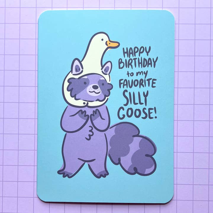 Silly Goose Raccoon Birthday Card for wholesale by 2Birds1Pencil Illustrations