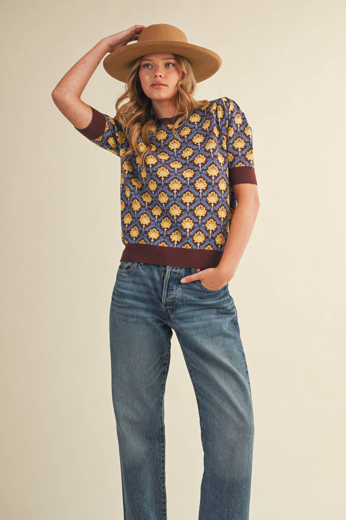 &MERCI - Wholesale Knit Sweater - Women's - FLORAL PATTERN SHORT SLEEVE SWEATER MSW108604