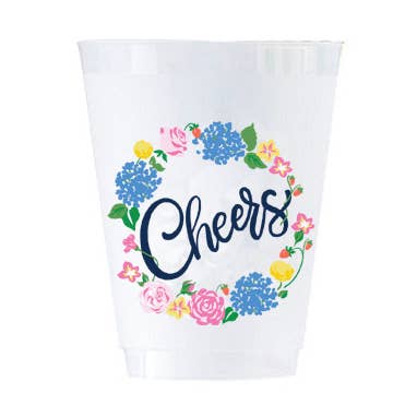 In Stock Strawberry Floral "Cheers" Shatterproof Cups for wholesale by WH Hostess Social Stationery