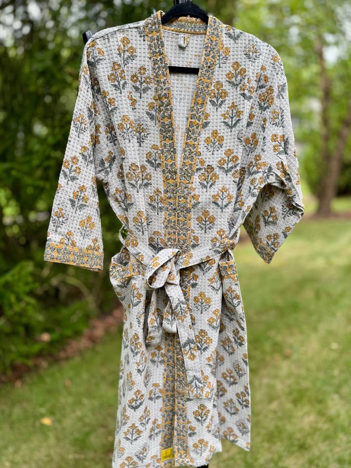 Waffle Weave Bath Robe (Mustard Field) for wholesale by House of Mulmul LLC