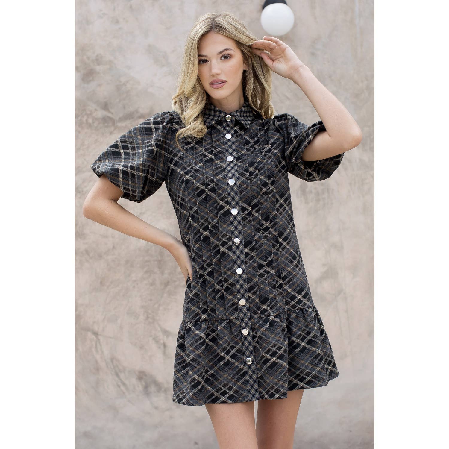 BLACK Puff Sleeve Plaid Suede Dress for wholesale on Faire7