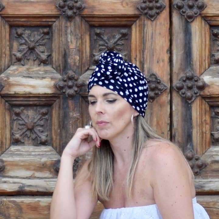 Petitama – Engroshandel Turban - Dame – Marineblå prikker turban hat til kvinder, kemo hoved wrap