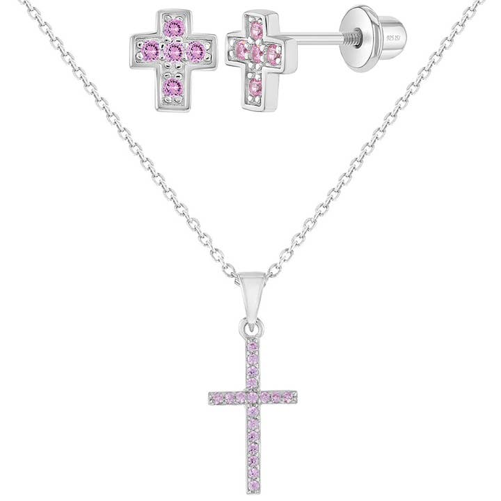 Cubic Zirconia Religious Cross Girls Set -Sterling Silver for wholesale by In Season Jewelry