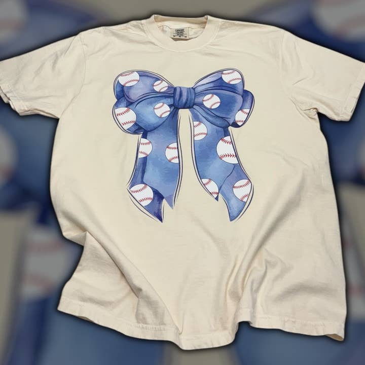 The Lyrical Spirit, LLC - Wholesale T-Shirt (Graphic) - Women's - Blue Baseball Bow Comfort Color T-ShirtÂ