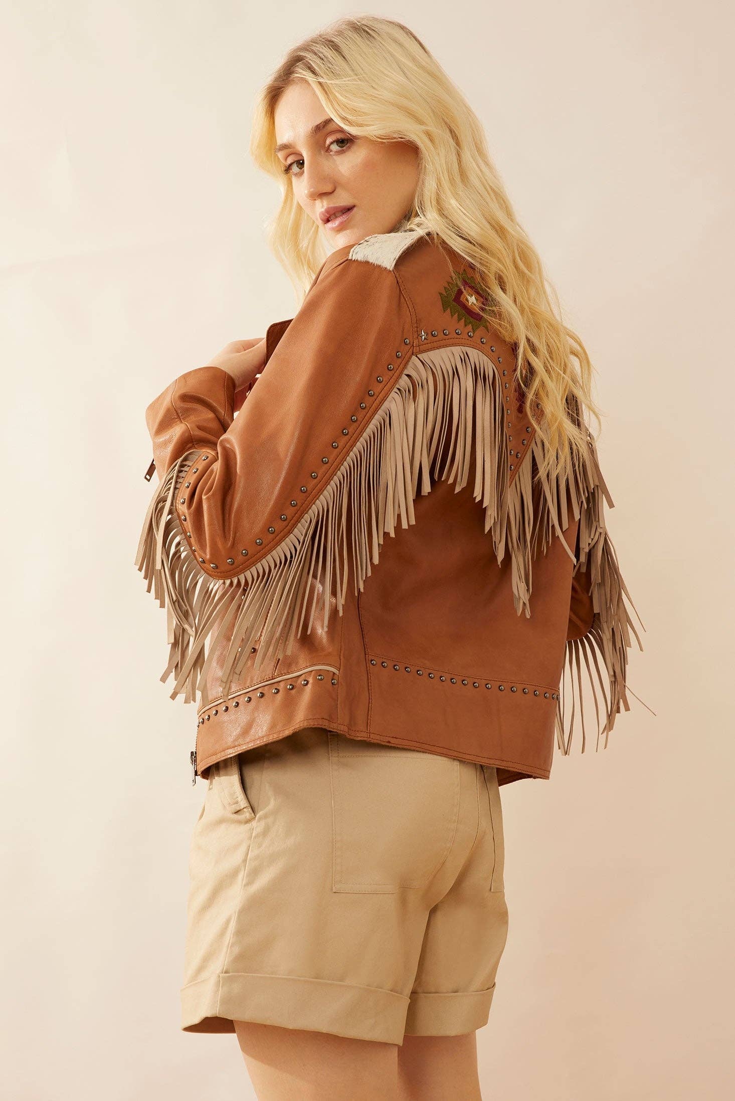 MYRA - EU - Wholesale Leather Jacket - Women's - Phoenix Fringed Leather Jacket In Camel2
