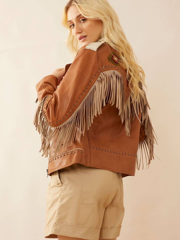MYRA - EU - Wholesale Leather Jacket - Women's - Phoenix Fringed Leather Jacket In Camel2
