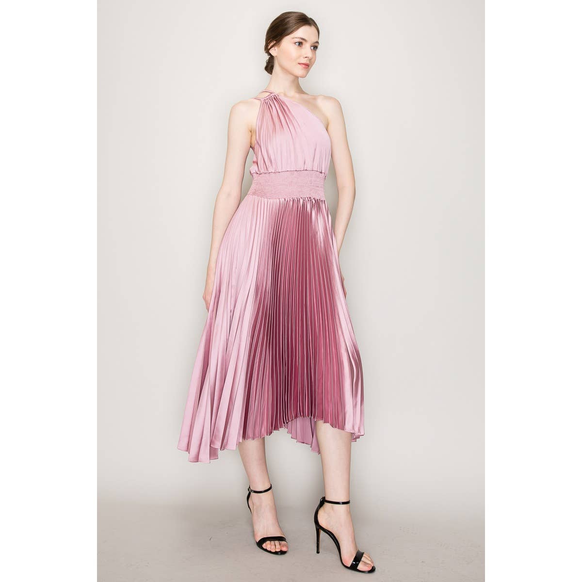 INA - Wholesale Dress - Women's - One-Shoulder Double Strap Pleated Satin Dress8