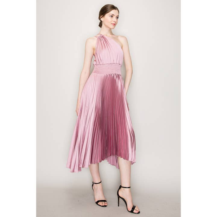 INA - Wholesale Dress - Women's - One-Shoulder Double Strap Pleated Satin Dress8