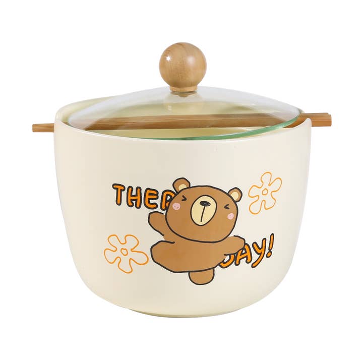 Happy Bear 26oz Bowl with Lid and Chopsticks (6/18) for wholesale by Urban Tokyo
