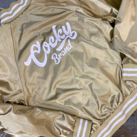 The Golden Cock Satin Baseball Jacket for wholesale by The Cocky Brand