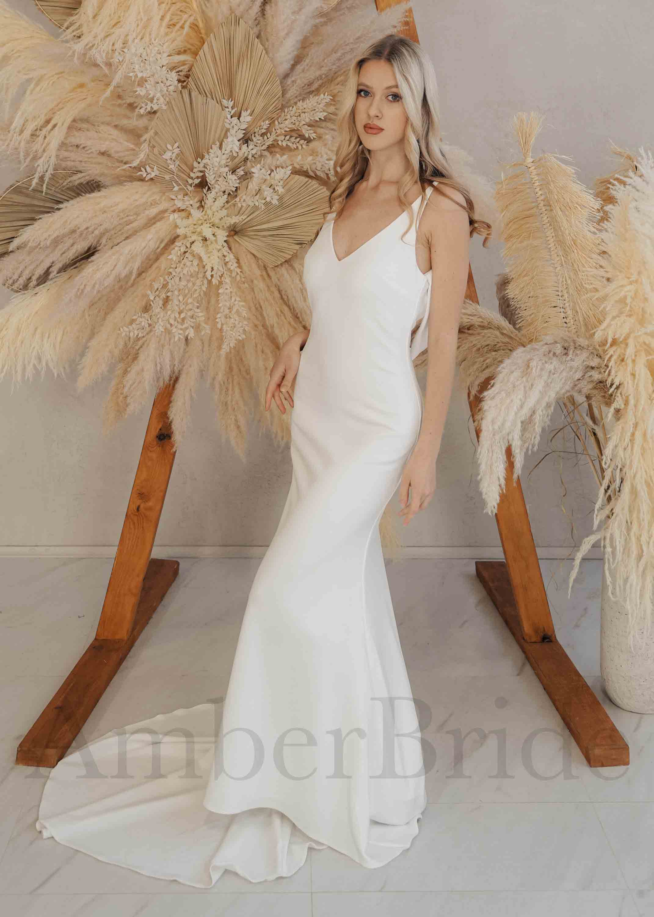 Amber Commerce Group, MB - Wholesale Gown - Women's - Simple Satin Mermaid Wedding Dress with V-Neck, Spaghetti Straps and Low Back4