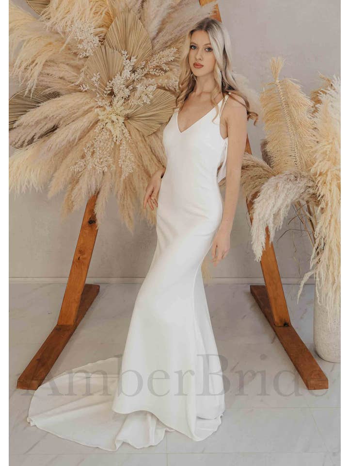 Amber Commerce Group, MB - Wholesale Gown - Women's - Simple Satin Mermaid Wedding Dress with V-Neck, Spaghetti Straps and Low Back4