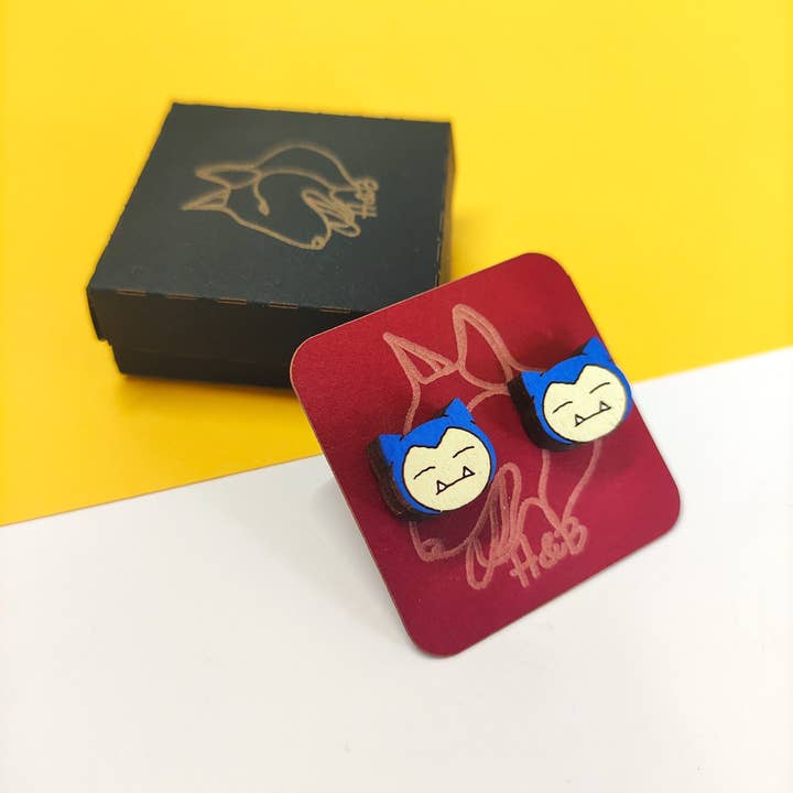Herbs&Belles - Wholesale Stud/Post Earrings - Wooden Colorful Pokémon Earrings, Snorlax, Anime, Geek, Nerd