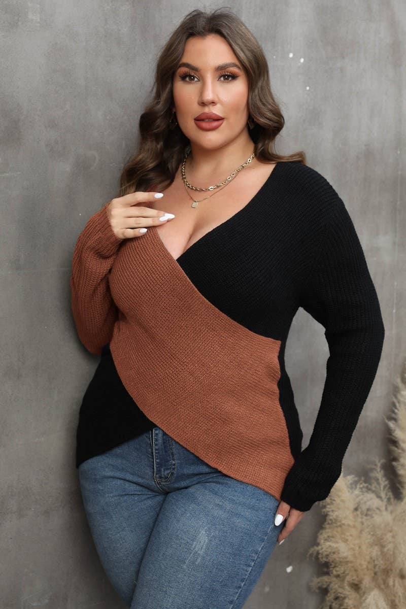 Lily Clothing - Wholesale Knit Sweater - Women's - WOMEN PLUS SIZE SEXY DEEP NECK CROSS WRAP SWEATER_CWOCAL02988