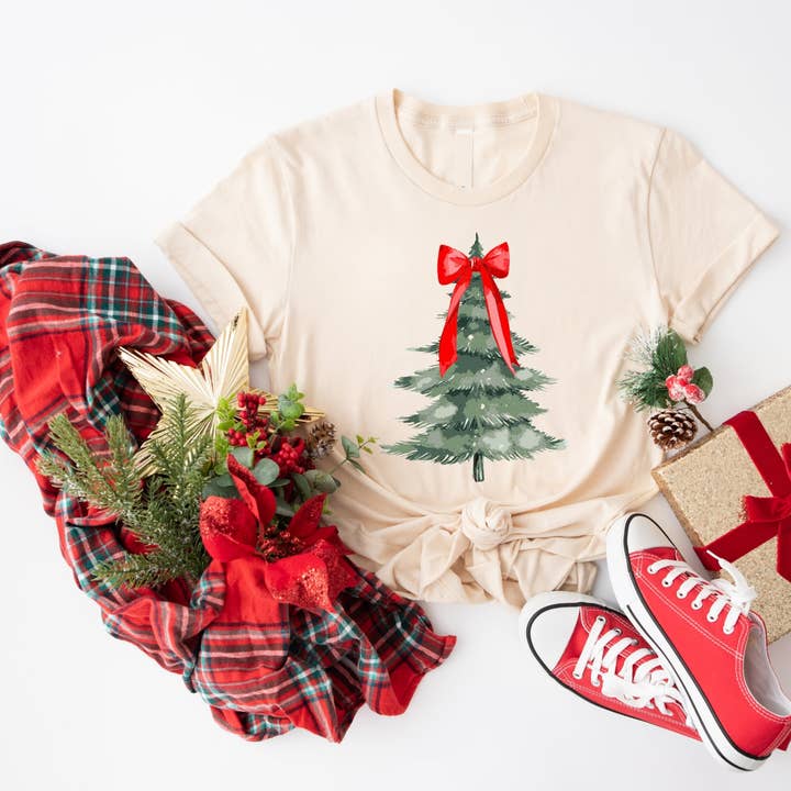 Christmas 2025 Red Bow Trees Holiday Top Seller Graphic Tee for wholesale by Fox and Owl Apparel