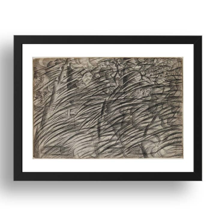 Umberto Boccioni: Stati d'animo, Zij die gaan, modernistisch kunstwerk, reproductieposter op A3-formaat in zwarte lijst van 17x13". voor wholesale door PERIOD PRINTS