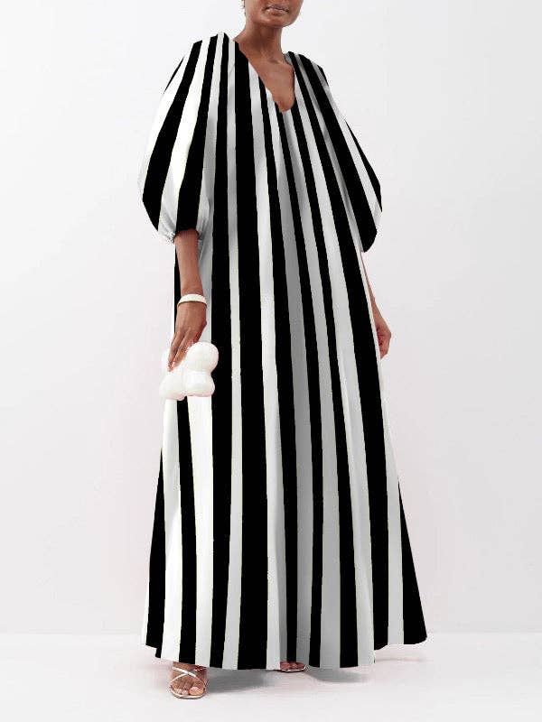 Chicto - Wholesale Dress - Women's - Puff Sleeves Three-Quarter Sleeves Striped V-Neck Maxi Dresses4
