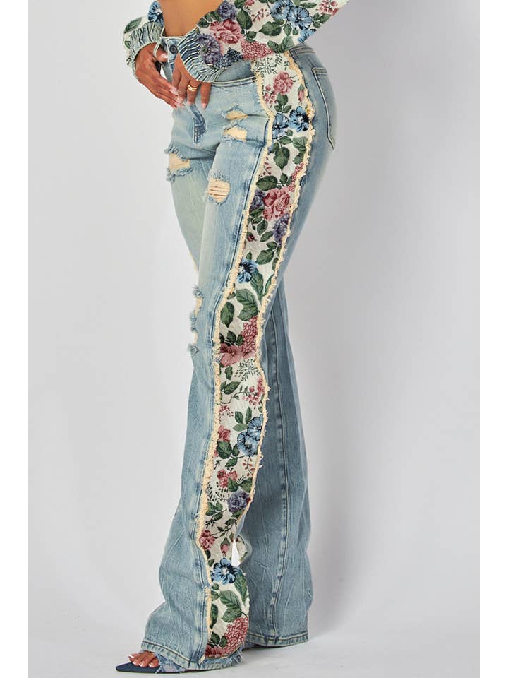 Pink Flower Print Tapestry Denim Blend Jeans for wholesale on Faire