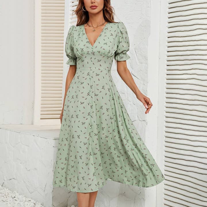 FLORAL DRESS WITH PRINTED BUTTON WAIST for wholesale by Lily Clothing