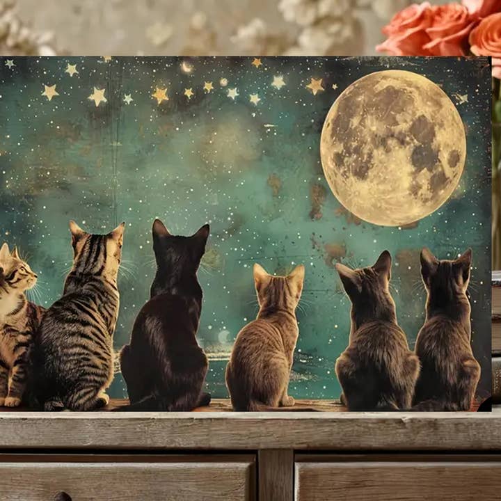 Cat Clan Admiring The Moon 12x18 Metal Sign for wholesale by Bad Bunny Designs