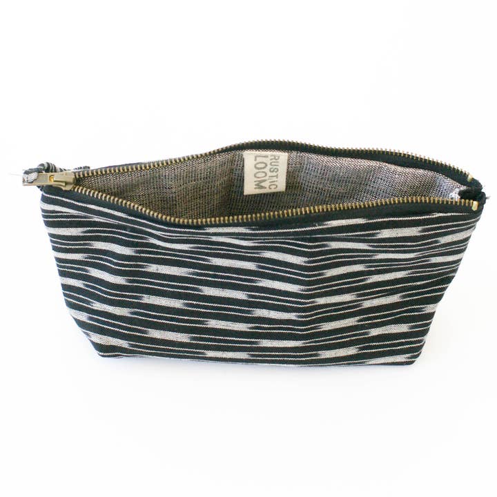 Black Dash Stripe Ikat Large Zipper Pouch for wholesale by Rustic Loom