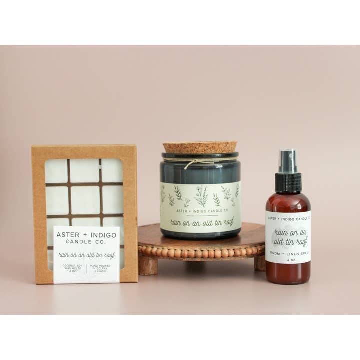Aster + Indigo Candle Co. - Vente Fondants - Pluie sur un vieux toit en tôle | La cire de noix de coco et de soja fond4