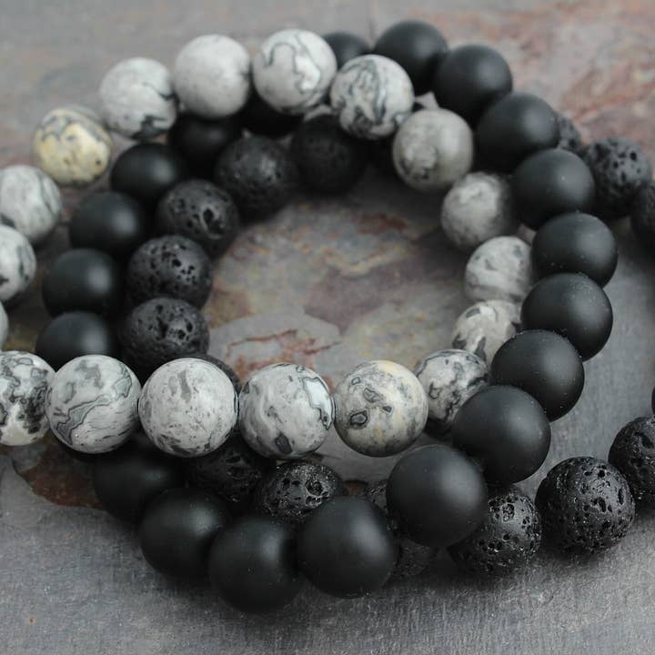 3 pc Mens Bracelet Set - Gray Jasper, Onyx & Lava Stone for wholesale by ManAndStone