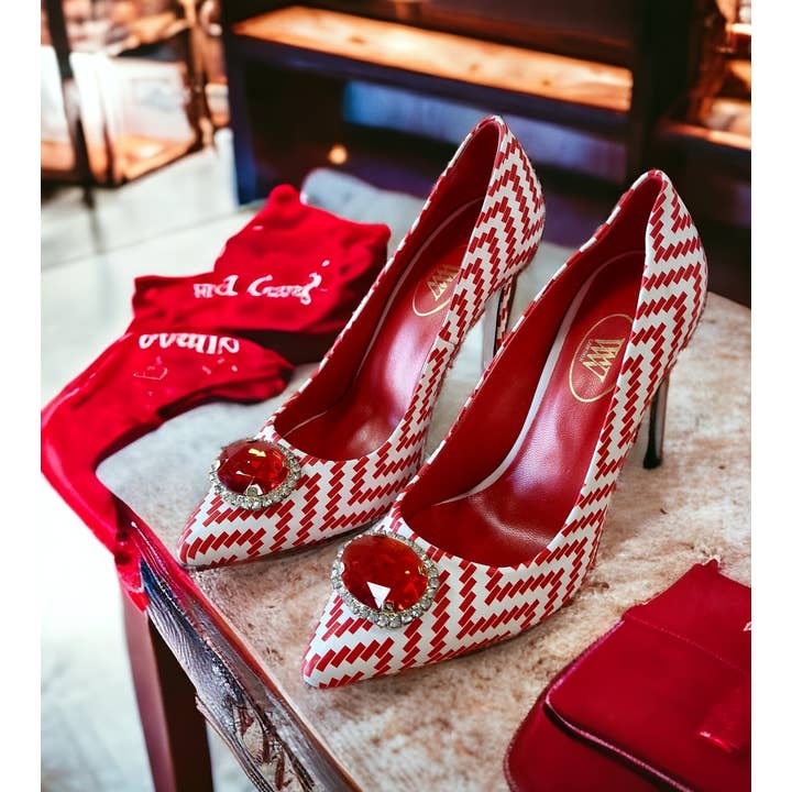 Red stripe leather print with ornament Stiletto heels for wholesale by WOLF&ST.OZZY