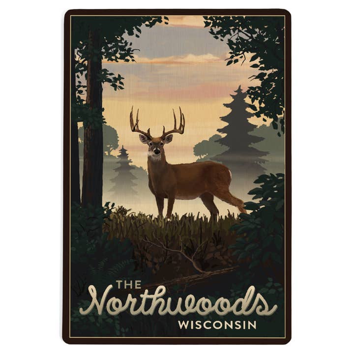 Lantern Press - Venta al por mayor Tarjeta postal - POSTAL DE MADERA Northwoods, Wisconsin, Deer & Sunrise