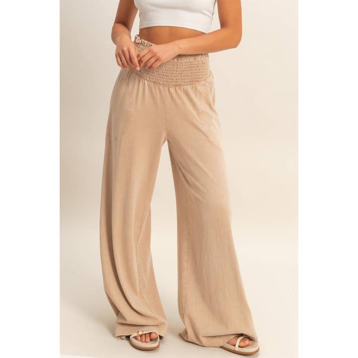 Mineral Washed Wide-Leg Smocked Waist Pants for wholesale by Double Zero