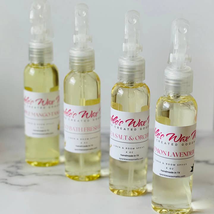 Sparkle’s Wax Melts - Vendita all'ingrosso Spray per tessuti e ambienti - Spray per biancheria e ambiente da 4 once in bottiglia trasparente1