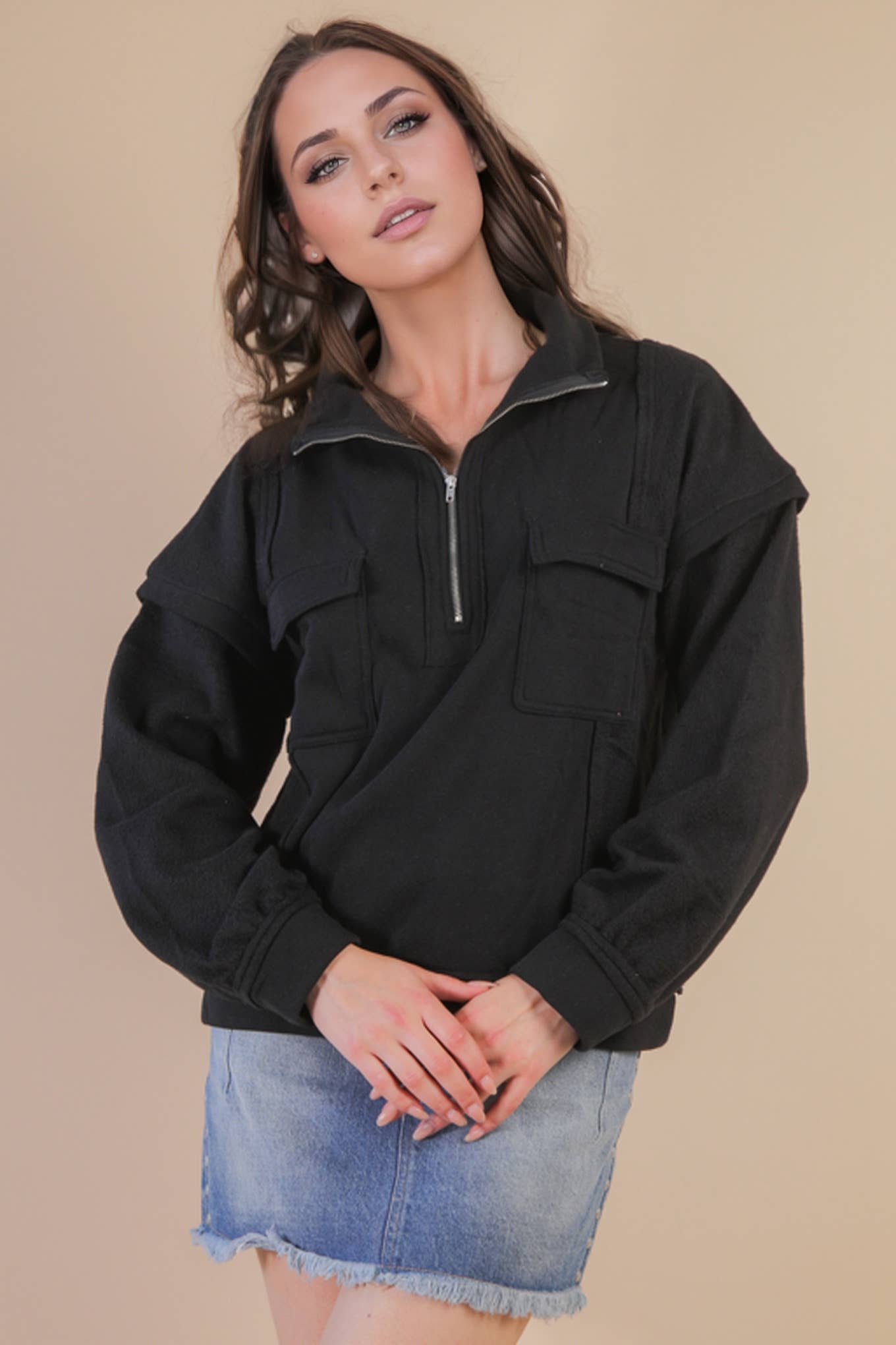 VERY J - Vente Sweat-shirt – femme - NT11793-Haut de sweat-shirt Henley en tissu contrasté à col montant0