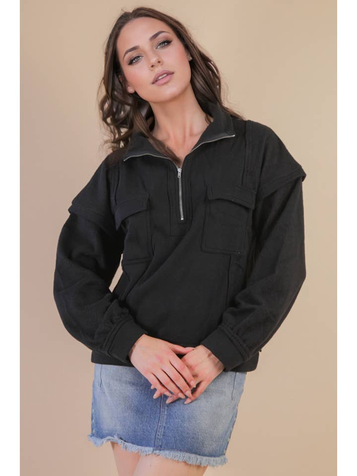 VERY J - Vente Sweat-shirt – femme - NT11793-Haut de sweat-shirt Henley en tissu contrasté à col montant