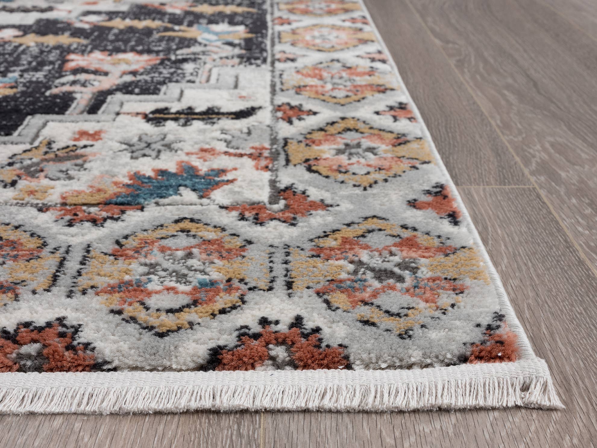 Abani Rugs – wholesale Matta – Azurfärgad beige medaljongmatta med svart kopparfärgad kant4