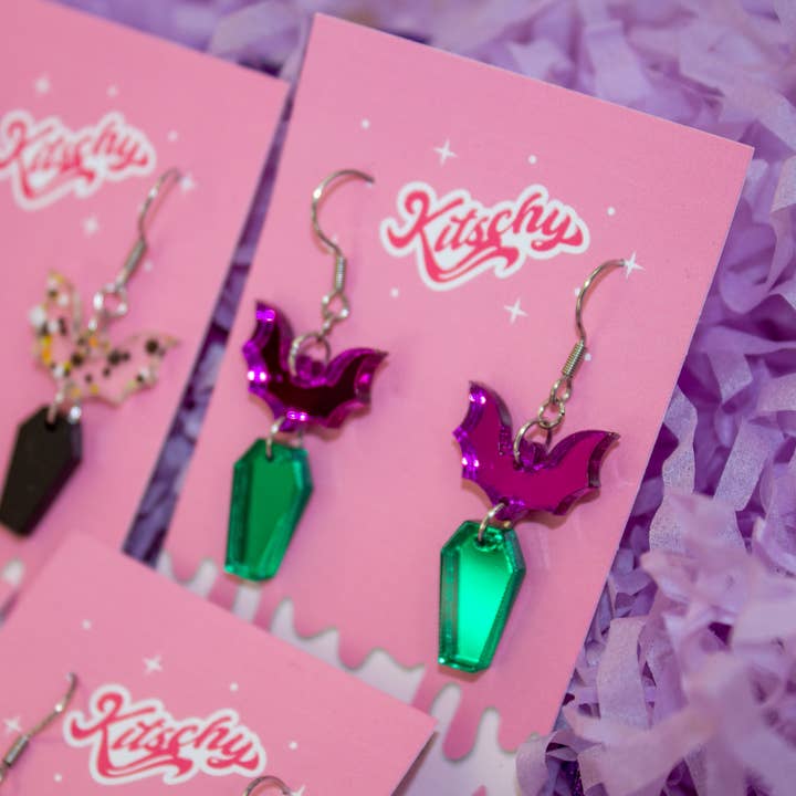 Kitschy - Wholesale Dangle Earrings - Coffin Bat Earrings Halloween Laser Cut Acrylic