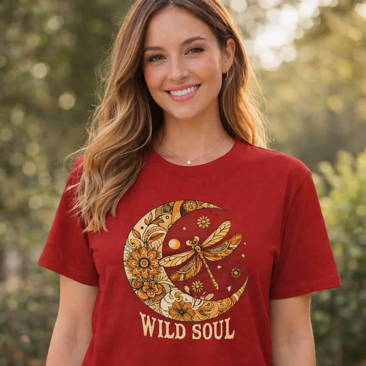 Wild Soul Dragonfly Tee – Boho Nature Graphic T-Shirt for wholesale by Upside Down Owl Farm