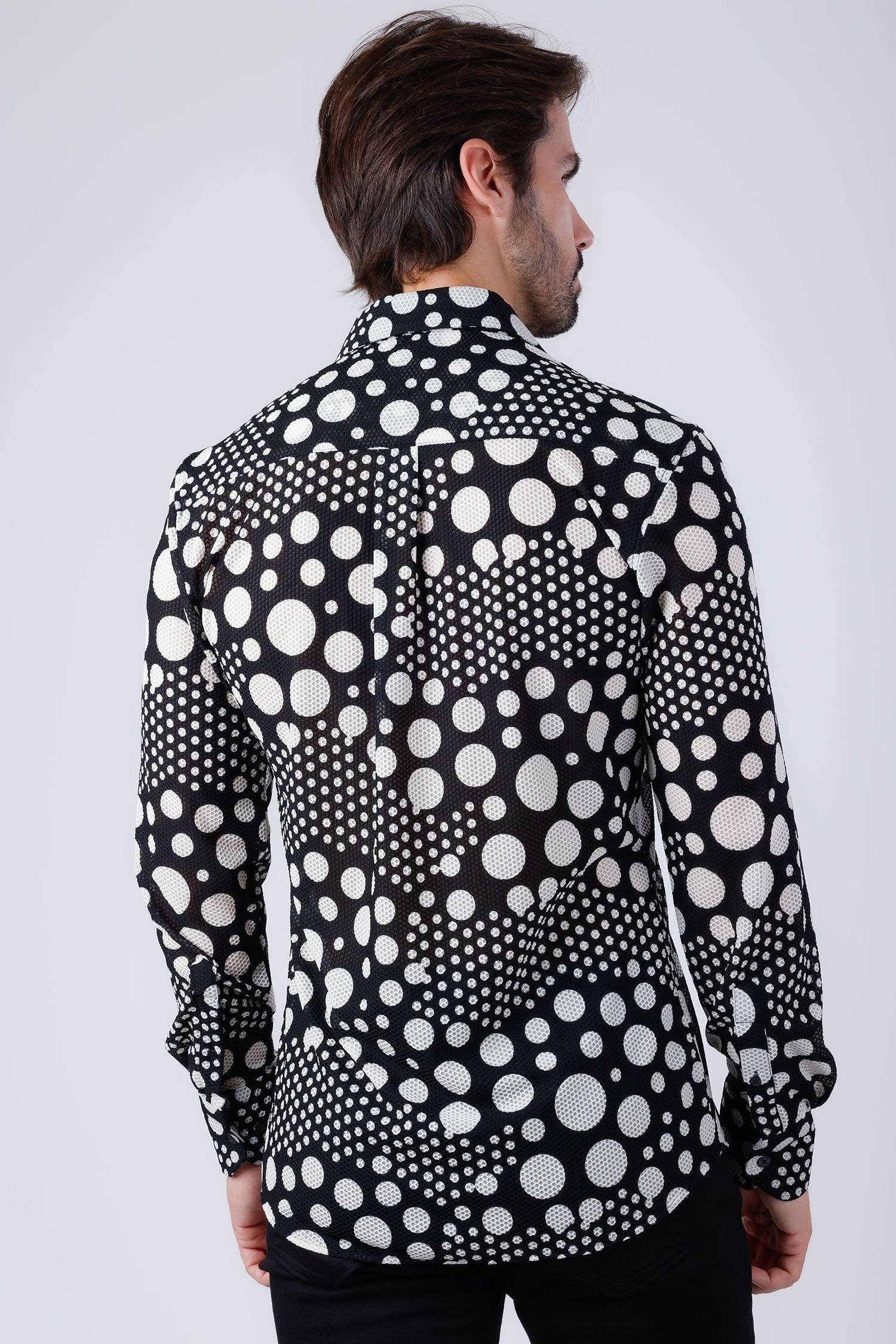 Black White Men's Polka Dots See Through Long Sleeve Shirt 4B92 for wholesale on Faire3