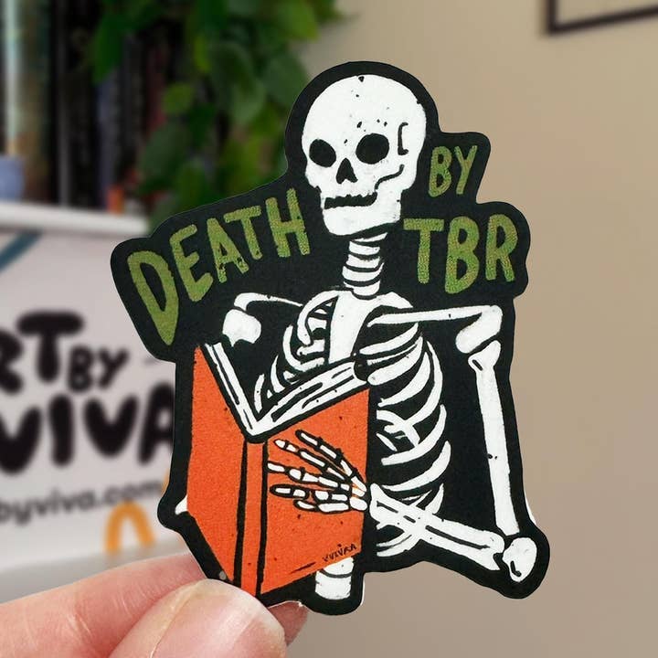 Death by TBR Bookish Kindle Sticker, Halloween Gift for Book Lovers and Readers, Cute book stickers for kindle for wholesale by Art by Viva